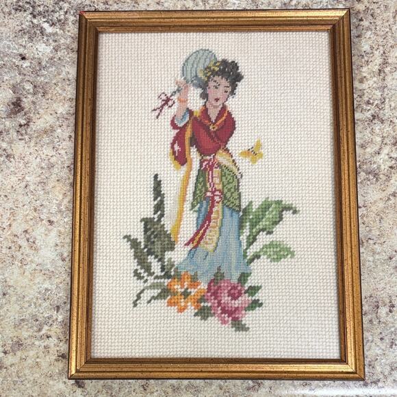 Vintage Gold Framed handmade Needlepoint Artwork of Japanese woman
